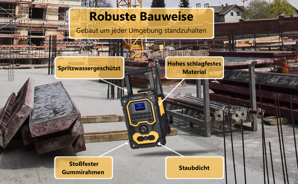 Радіо для будівельного майданчика DAB+ FM з Bluetooth 5.0, 16W стерео, акумулятор 8000mAh (18h), USB зарядка, Aux, вологозахист, пилозахист (жовто-чорне)