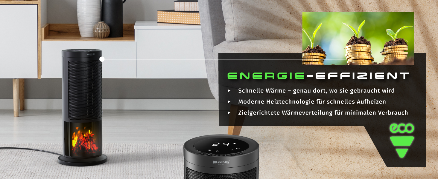 Електричний обігрівач Brandson з ефектом каміна: тихий, енергоефективний, з дистанційним керуванням, таймером, для ванної, вітальні, офісу, дитячої кімнати (чорний)