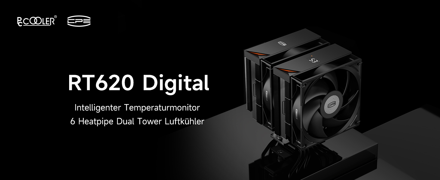 Кулер для процесора PCCOOLER RT620Pro Digital BK з цифровим дисплеєм, TDP 265W, 6 теплових трубок, 2 вентилятори 120мм FDB, для AMD AM4/AM5, Intel LGA 115X/1200/1700/1851