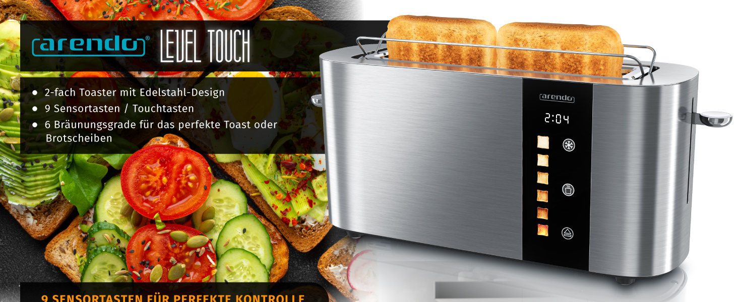 Тостер Arendo з нержавіючої сталі, 2 відділення, довгий проріз, сенсорний екран, подвійні стінки, насадка для бургерів, 6 рівнів підсмажування, центрування хліба, індикатор часу, функція пам'яті, чорний (C: Steelsilver)