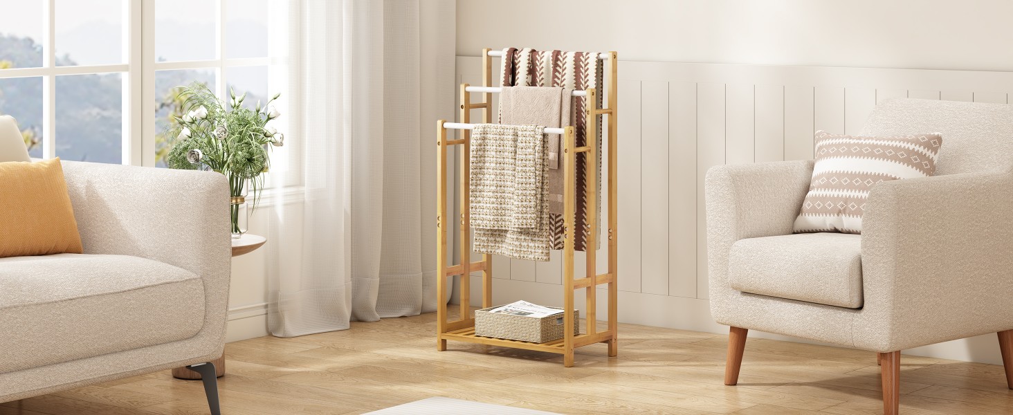 Підставка для рушників Dripex з бамбука, 96 см, з 3 нержавіючими стійками та полицею для ванної кімнати