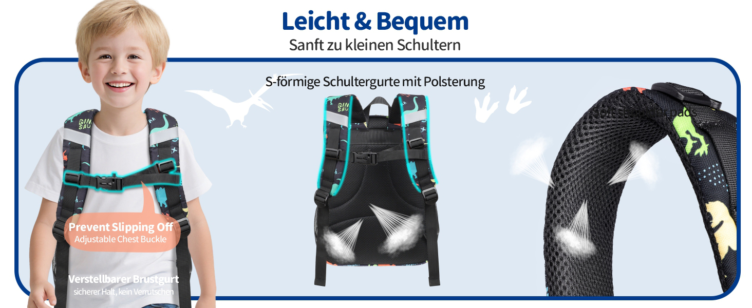 Дитячий рюкзак Bagseri для дівчаток 15L, легкий рюкзак для школи, дитячий сад та 1-2 класи, з нагрудним ременем та ізотермічним відділенням, формат DIN A4, з світловідбиваючими елементами (чорний динозавр)