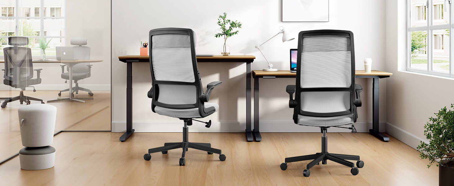 Ергономічне крісло для офісу з регульованою підголовником, сітчасте крісло для робочого столу, відкидні підлокітники, широке сидіння, функція гойдання, комп'ютерне крісло EN 1335, офісне крісло 200 кг, сіре та чорне