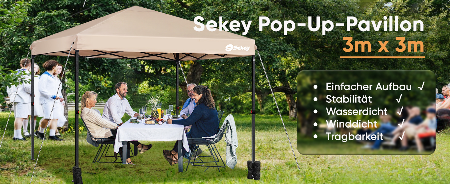 Павільйон Sekey One-Touch Pop Up 3x3 м, водонепроникний, зимостійкий, складаний, посилені труби, для кемпінгу, фестивалів, вечірок, колір хакі