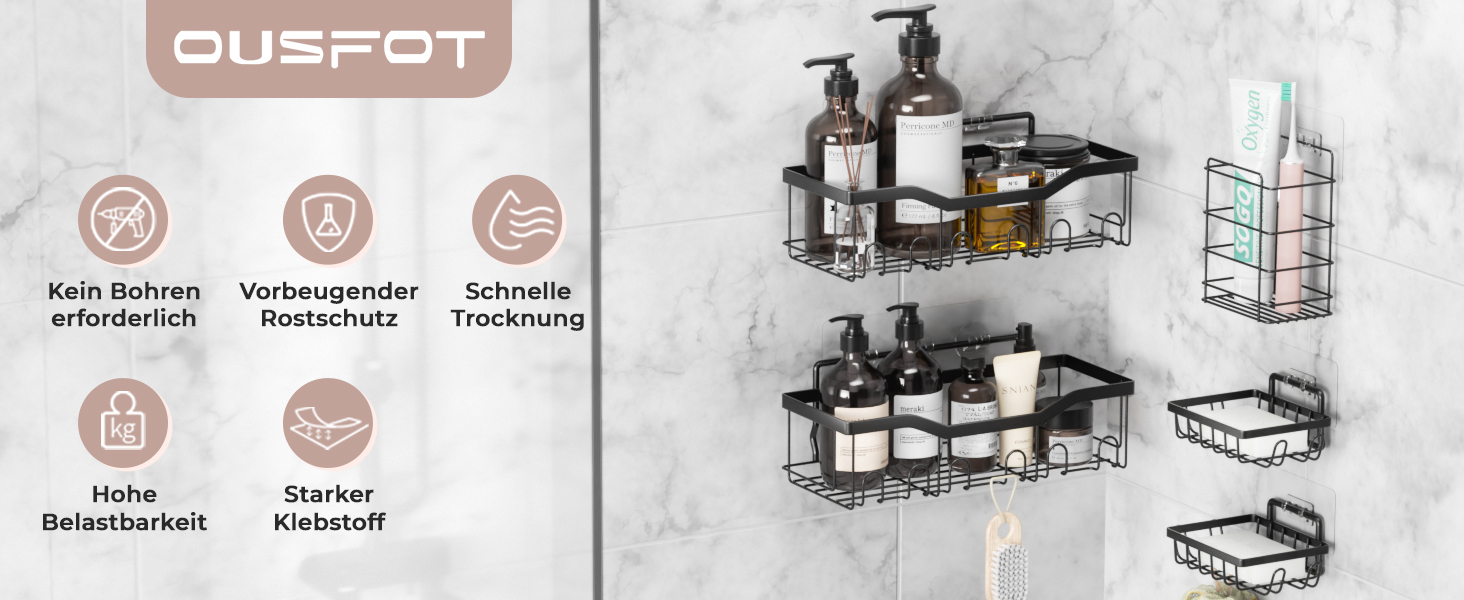 Набір з 5 полиць для душу OUSFOT без свердління, чорного кольору, вологостійкі, для ванної, кухні та санвузла