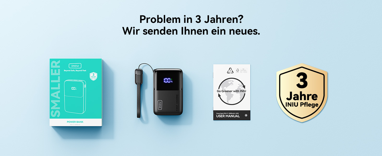 Портативний зарядний акумулятор INIU Power Bank 45W 10000mAh з USB-C кабелем, чорний. Підтримка iPhone, Samsung, MacBook, iPad та інших пристроїв.