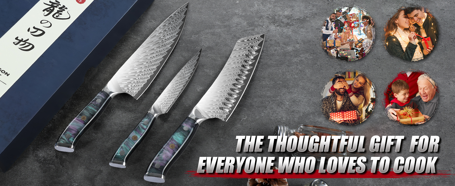 Набір кухонних ножів DRAGON RIOT 3 шт. з ергономічними дерев'яними ручками, японський кухонний набір (Kochmesser, Santoku, Allzweckmesser)