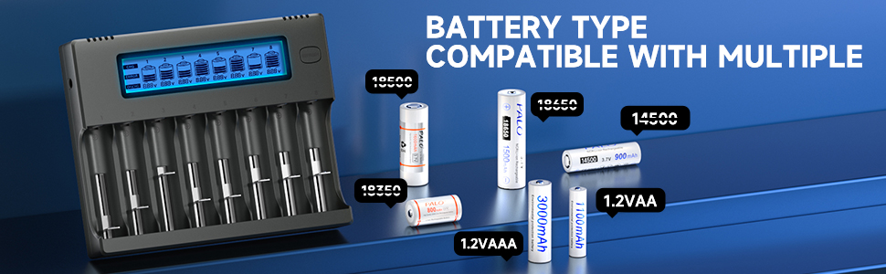 Інтелектуальна зарядка для акумуляторів 18650 з LCD-дисплеєм - 8 слотів, універсальна, з функцією розряду, для 18650, 26650, 16340, 21700, 14500, 17500, CR123A, AA/AAA