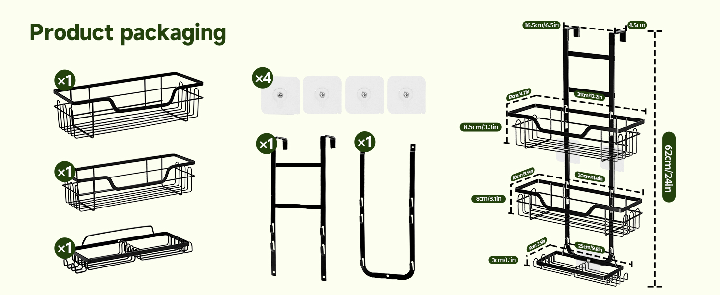 Поличка для душу без свердління, чорна, настінна, для скляних дверей, з 3 кошиками для шампуню та гелю для душу, стильна модель A