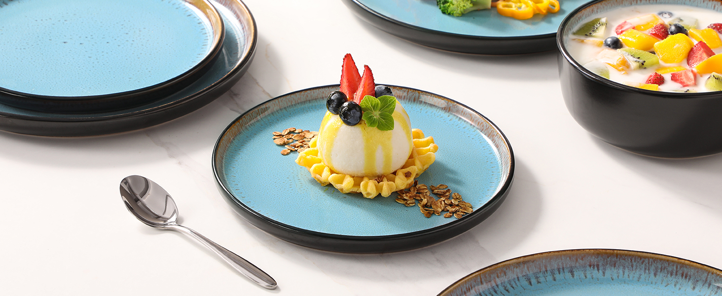 Набір мисок Vancasso (36 шт.) для сім'ї: 6 мисок з кераміки (840 мл), салати, супи, десерти. Безпечно в мікрохвильовці та посудомийній машині (Морська блакить)