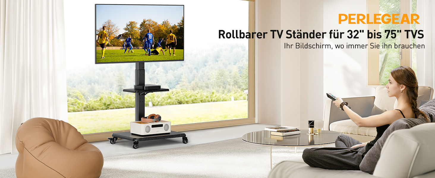 Підставка для телевізора Perlegear на колесах, 32-75 дюймів, до 50 кг, регульована висота, поворотна, нахилена, з підсвічуванням, VESA 600x400mm, PGTVMC27