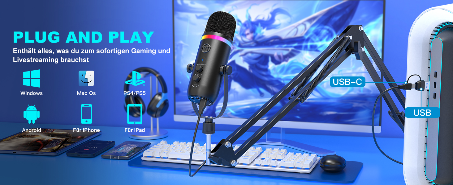 Zealsound Podcast Мікрофон з тримачем - RGB, шумозаглушення, конденсаторний мікрофон для ПК, телефону, TikTok, YouTube (сумісний з iPhone, Mac, Windows)