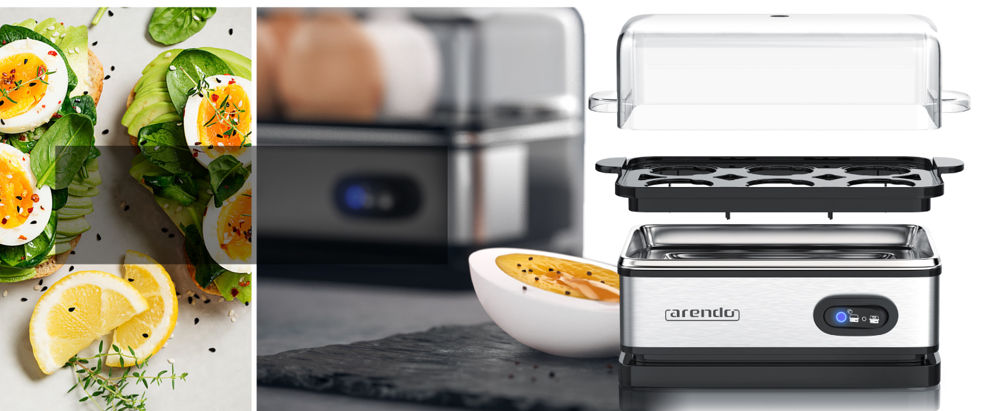 Набір Arendo: чайник, тостер та яйцеварка, нержавіюча сталь, сірий, 1.5л, 40-100°C, 4 тости, LED-дисплей, 6 рівнів підсмажування, на 1-6 яєць