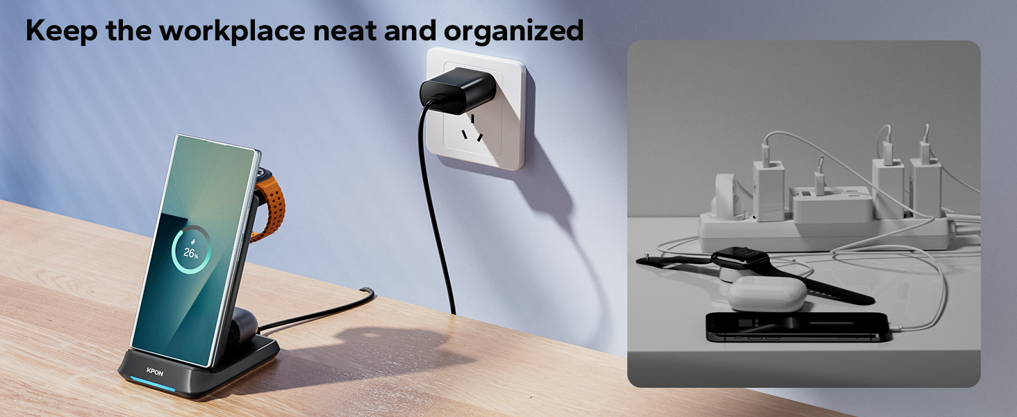 Бездротова зарядна станція 3-в-1 KPON для Samsung Galaxy Watch та смартфонів (S26/S25/S24/S23/S22/Z Flip/Fold, Buds) - Чорна, складна, індуктивне заряджання