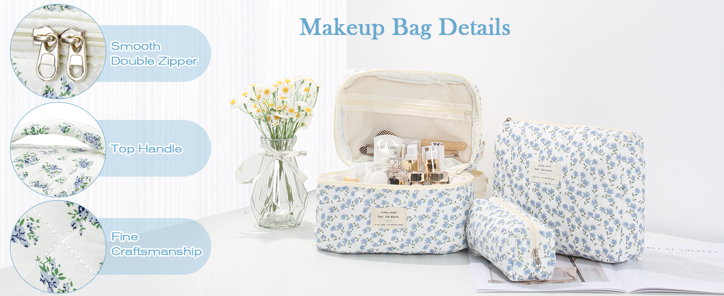 Набір косметичок 3 шт. з квітковим візерунком, дорожні та повсякденні | Косметичка для макіяжу для жінок та дівчат (Блакитний Павич)