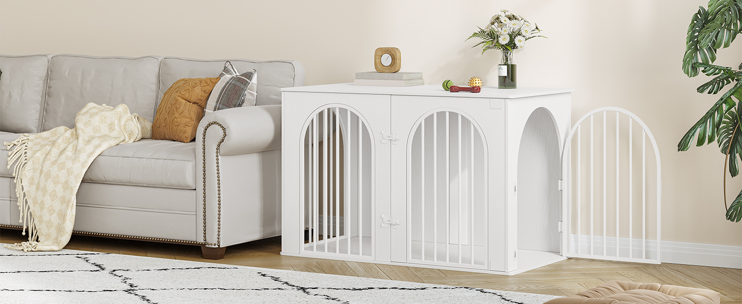 Hzuaneri Modern Dog Crate Furniture - Indoor Dog Kennel with 3 Doors & Tabletop - Durable White Dog Cage 108x64x76cm (DFC86013W)