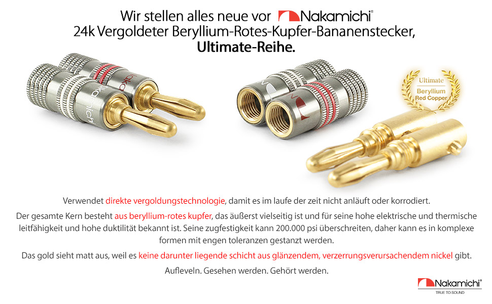 Бананові роз'єми Nakamichi Ultimate Series 24K позолочені берилієво-мідні конектори для акустичних кабелів 12-18 AWG, 4 мм, для HiFi колонок та підсилювачів, 10 шт (5 пар)