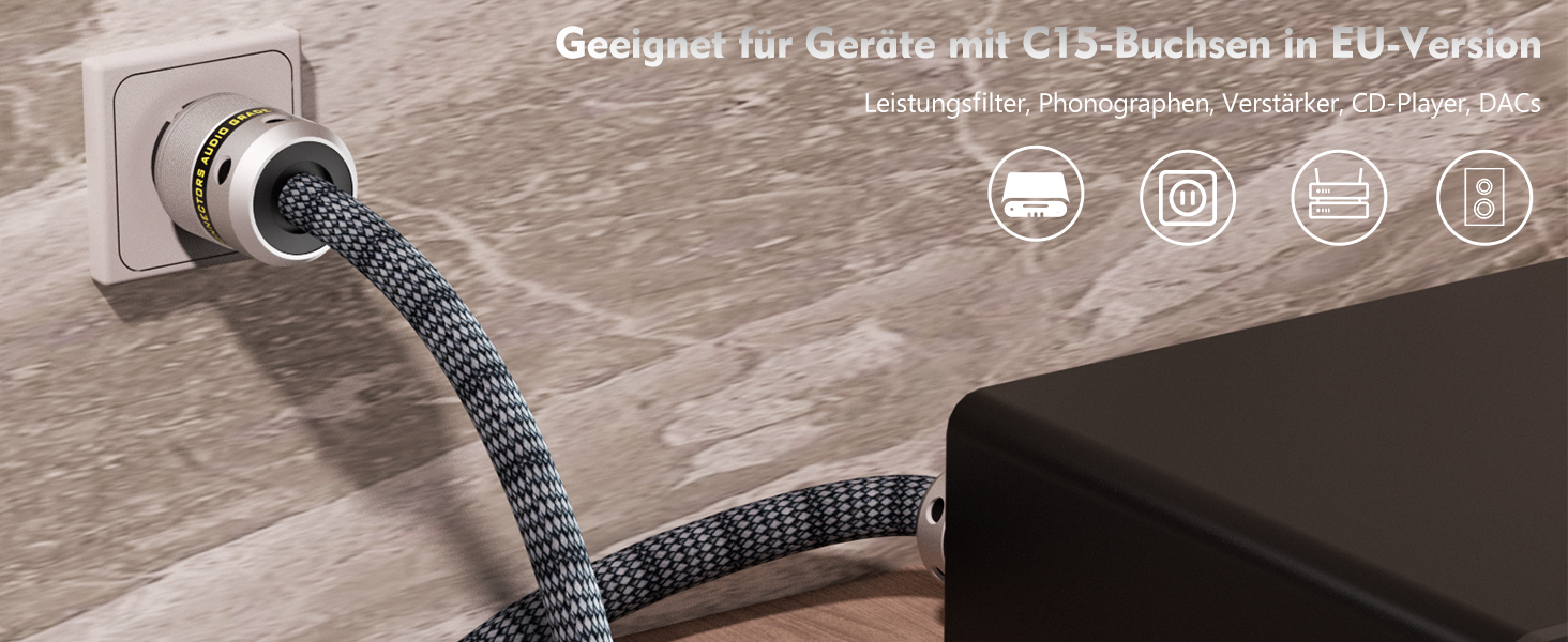 Hi-End мережевий кабель Monosaudio P083 (1.5м), мідний OFC, 2-полюсний аудіофільський кабель живлення Schuko - IEC C15 для підсилювача, DVD, сабвуфера та декодера