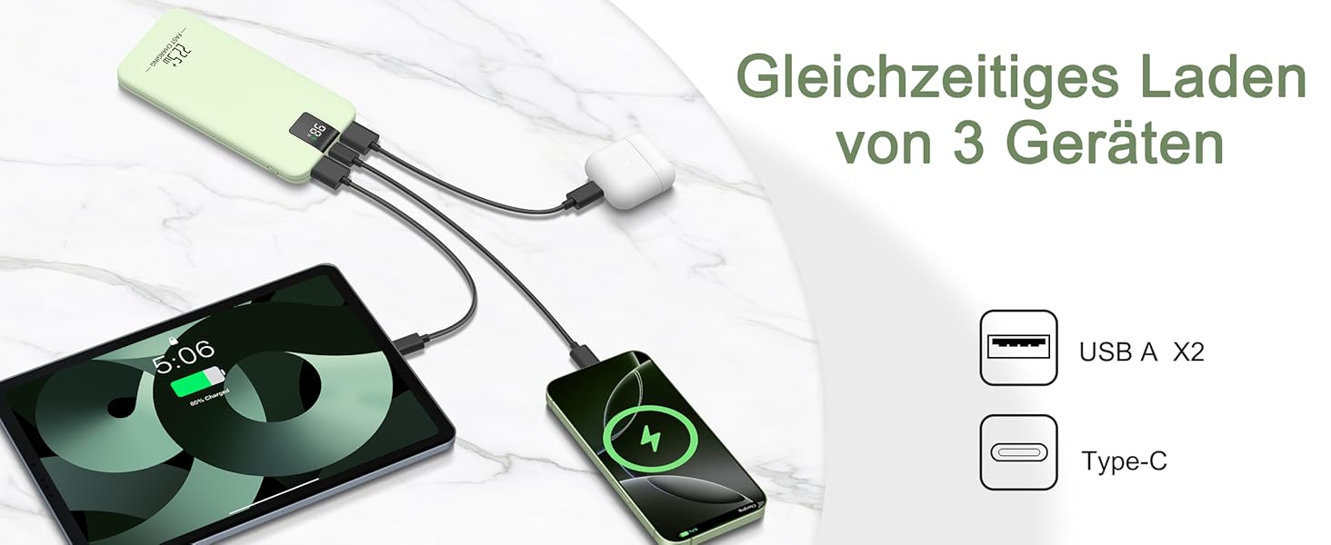 Powerbank 10000mAh 22.5W з LCD-дисплеєм: Швидка зарядка, 3 виходи, 2 входи, USB-C, для смартфонів та планшетів (зелений)