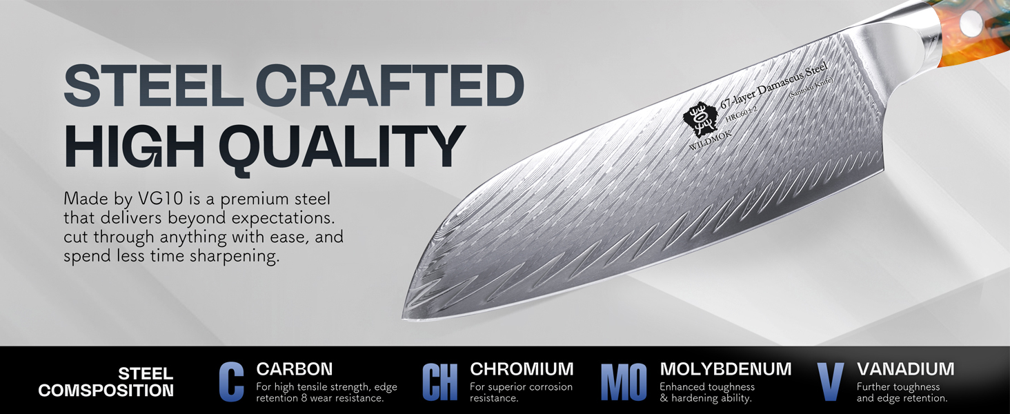 Японський кухонний ніж Santoku WILDMOK 17 см з дамаської сталі VG10, жовтий ергономічний руків'я для дому та ресторану
