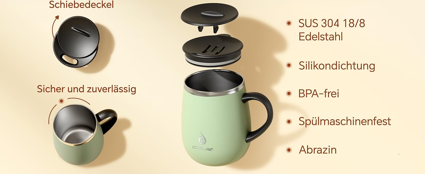 Кружка для кави та чаю Ideus 470 мл з нержавіючої сталі, подвійні стінки, вакуумна ізоляція, зелена