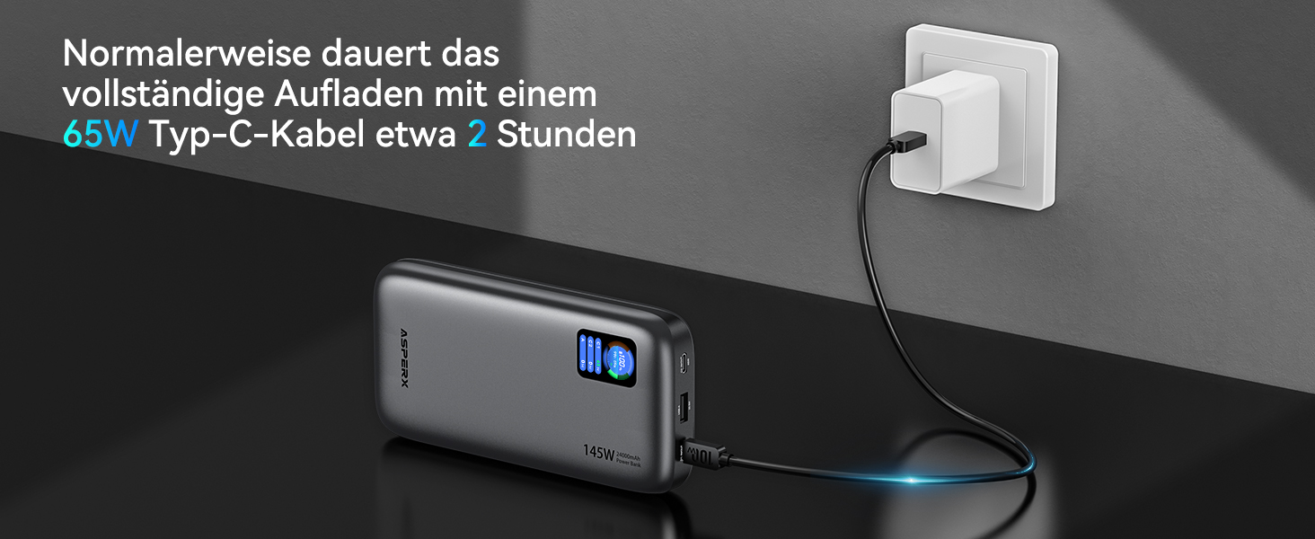 Power Bank AsperX 100W 24000mAh з LED-дисплеєм для ноутбуків, телефонів (iPhone 16/15/14 Pro), MacBook, iPad, Tablet, Steam Deck (сірий)