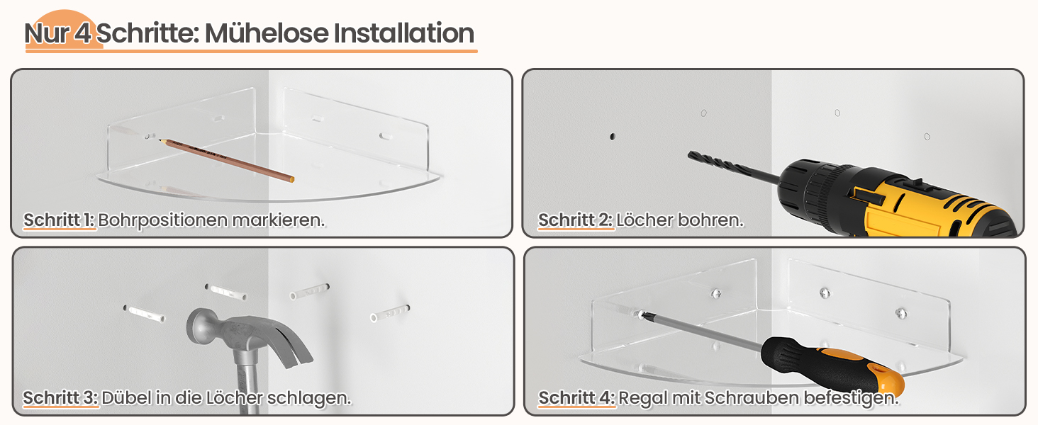 Настінні полиці Upsimples 4 шт. Білі, без свердління, 38 x 10 см, 2 способи кріплення, для ванної, спальні та кухні