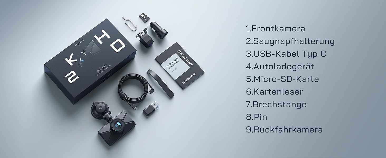 WOLFANG Dashcam: Автомобільна камера 2.5K+1080P з відеореєстратором, нічне бачення, 170° кут огляду, WDR, паркувальний режим, G-сенсор, циклічна запис, внутрішня камера, 32GB SD-карта