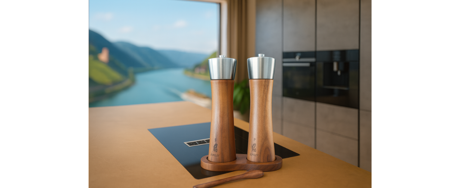 Мельниця для солі та перцю LORELEY® Mittelrhein Germany з дерев'яним корпусом та керамічним механізмом – з підставкою та пензлем – подарункова упаковка | Подарунок на весілля/новосілля (преміум нержавіюча сталь)