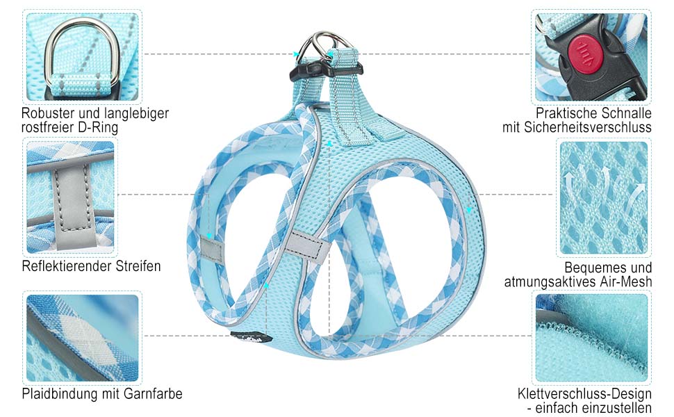 Нашийник та поводок для собак Haapaw, без натягу, регульований, світловідбиваючий, Step-in, для цуценят та маленьких собак, з м'якою підкладкою, блакитний, розмір M (обхват грудей 38.1-45.7 см, вага 4.5-6.8 кг)