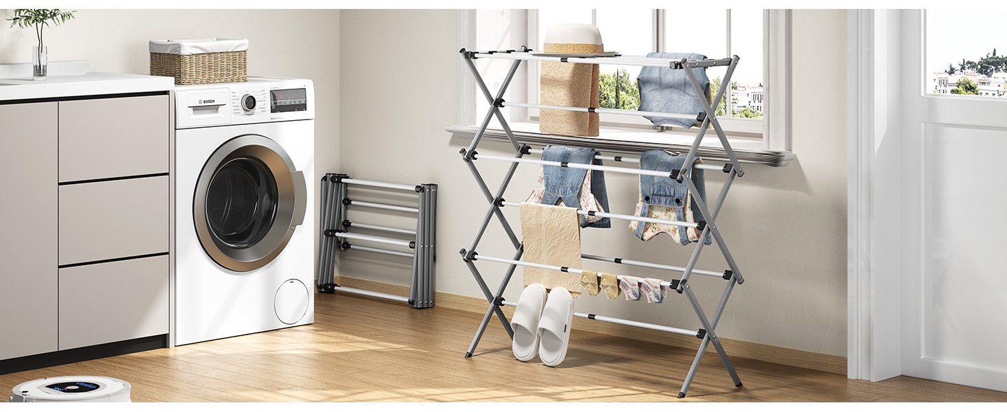 Складаний сушильник для білизни з 11 перекладинами, 3-ярусний, сірий та білий
