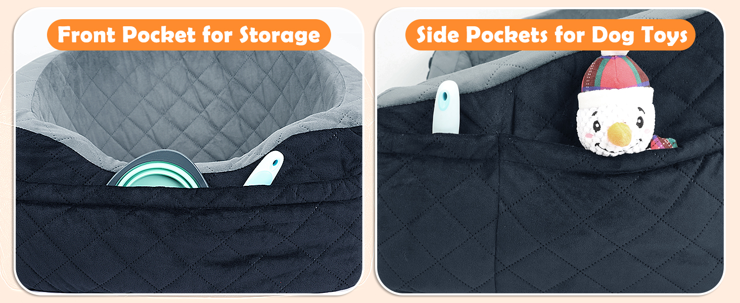 Elevated Dog Car Seat - Small & Medium Dogs (Up to 13.6KG) - Washable, Travel Bed with Storage & Safety Belt (Black & Grey)