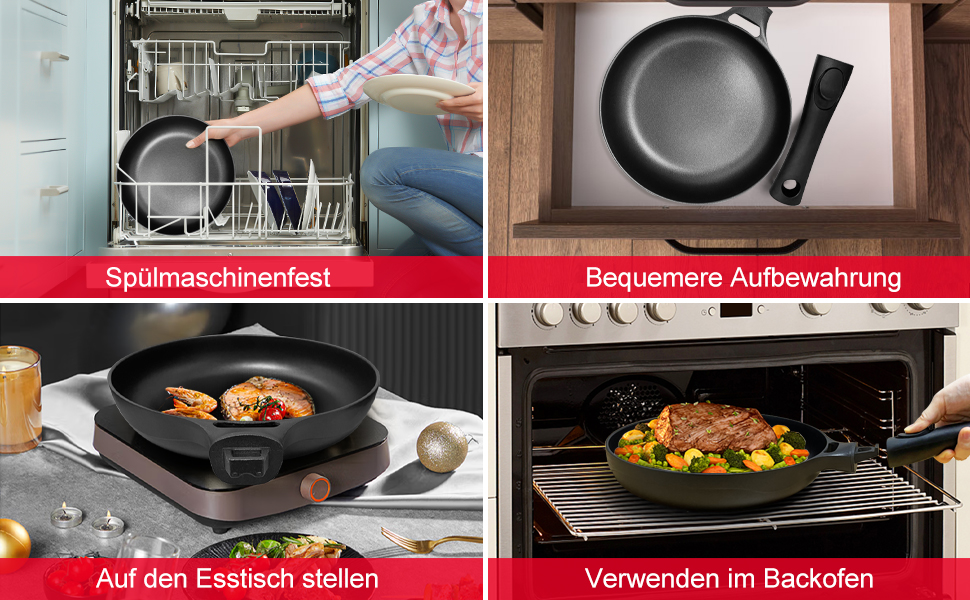 Сковорода індукційна 28 см з антипригарним покриттям, знімний ручка, універсальна сковорода, BPA Free, алюмінієвий лиття, чорна