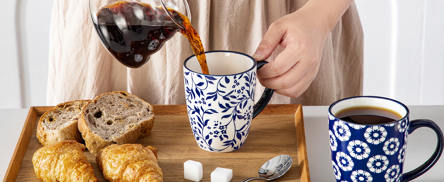 Набір кавових чашок з блюдцями Vancasso Cappuccino SELENE 6шт, 240мл, блакитно-білий вінтаж, порцеляна, для мікрохвильовки та посудомийної машини