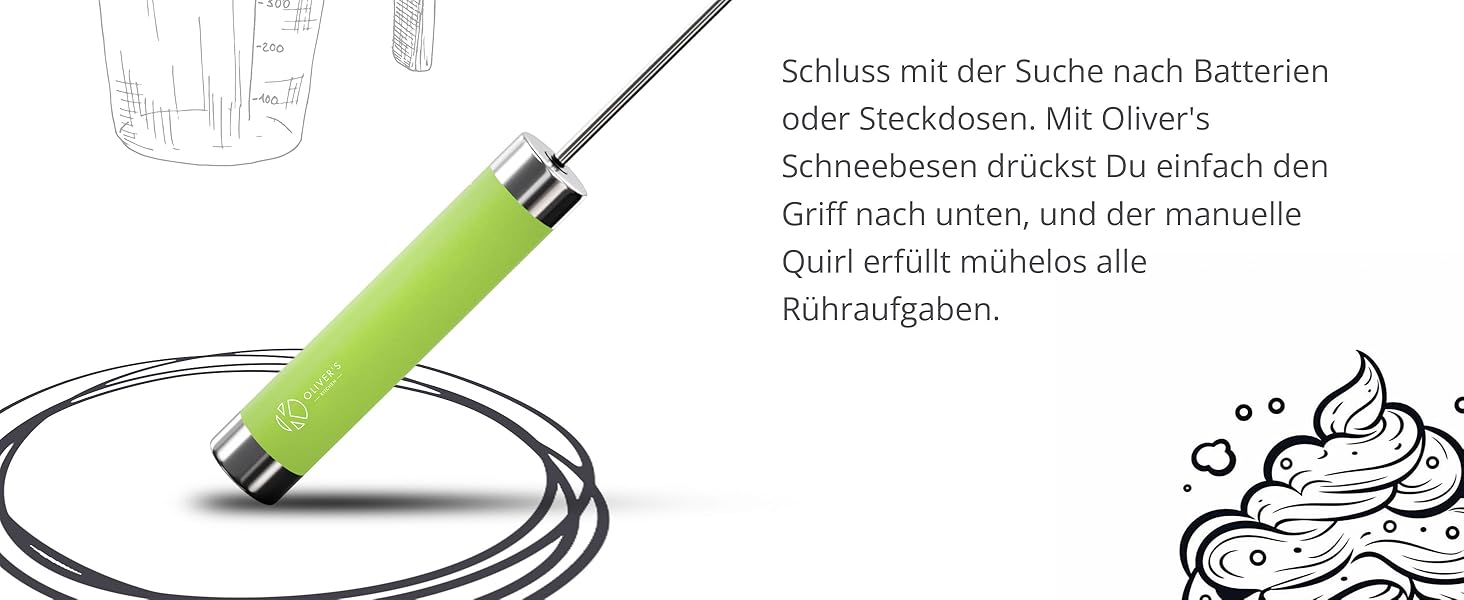 Ручний міксер Oliver's Kitchen® Hand-Quirl - Автоматичний вінчик для яєць, масла, вершків, кави, коктейлів | Без батарейок, компактний, зелений