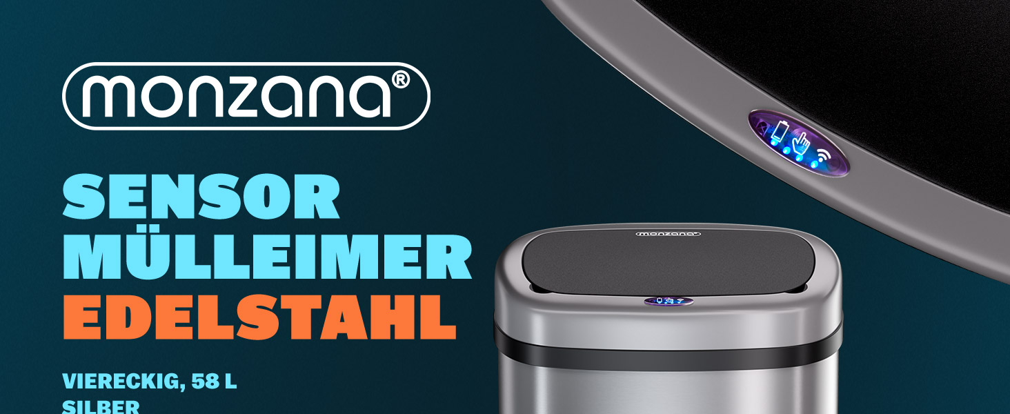 Monzana Sensor Trash Can - 58L Automatic Kitchen Waste Bin with Motion Sensor, Soft-Close Lid, Waterproof, Smart USB Rechargeable - Silver
