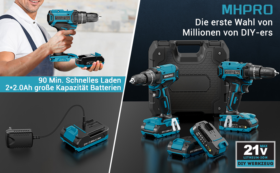 Акумуляторний шуруповерт MHPRO 21V з 2 акумуляторами 2.0Ah, 42Nm, 25+3 ступені крутного моменту, LED, 10мм патрон, 14-ти частинний набір для дому та саду