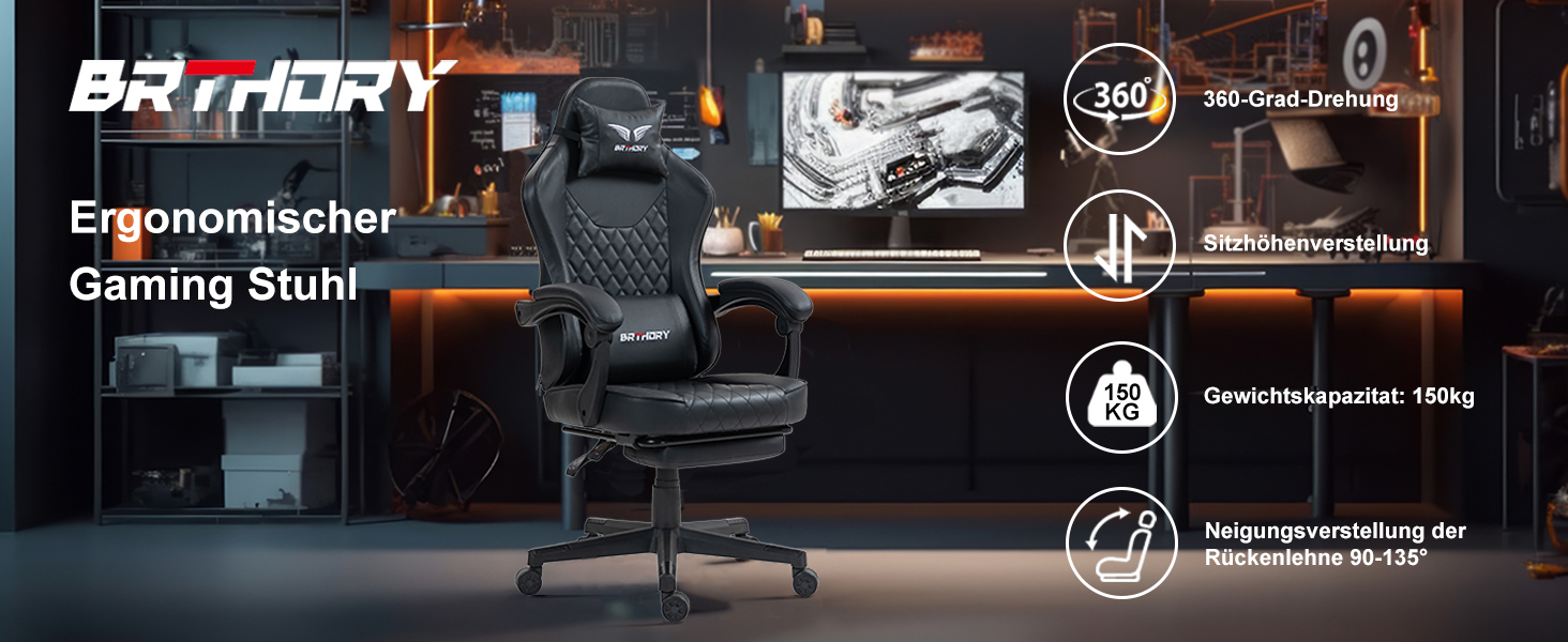 Геймерське крісло Racing Ergonomic Stoff – чорно-сіре з підставкою для ніг та регульованою спинкою (135°)