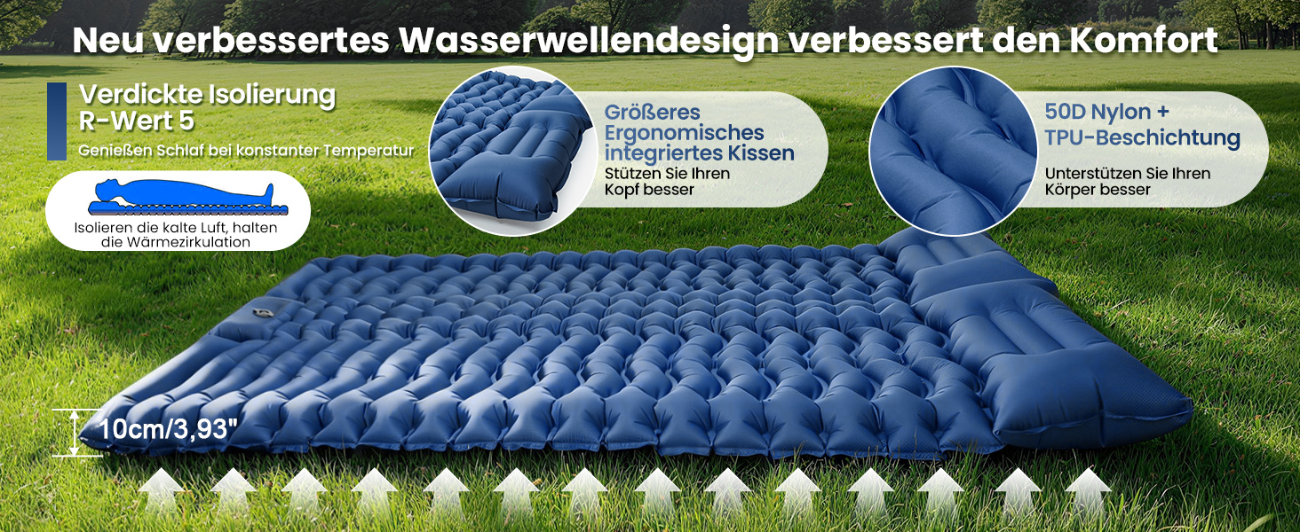 Надувний килимок для кемпінгу LAMA Doppel 200x140x10 см для двох осіб з помпою та подушкою, блакитний
