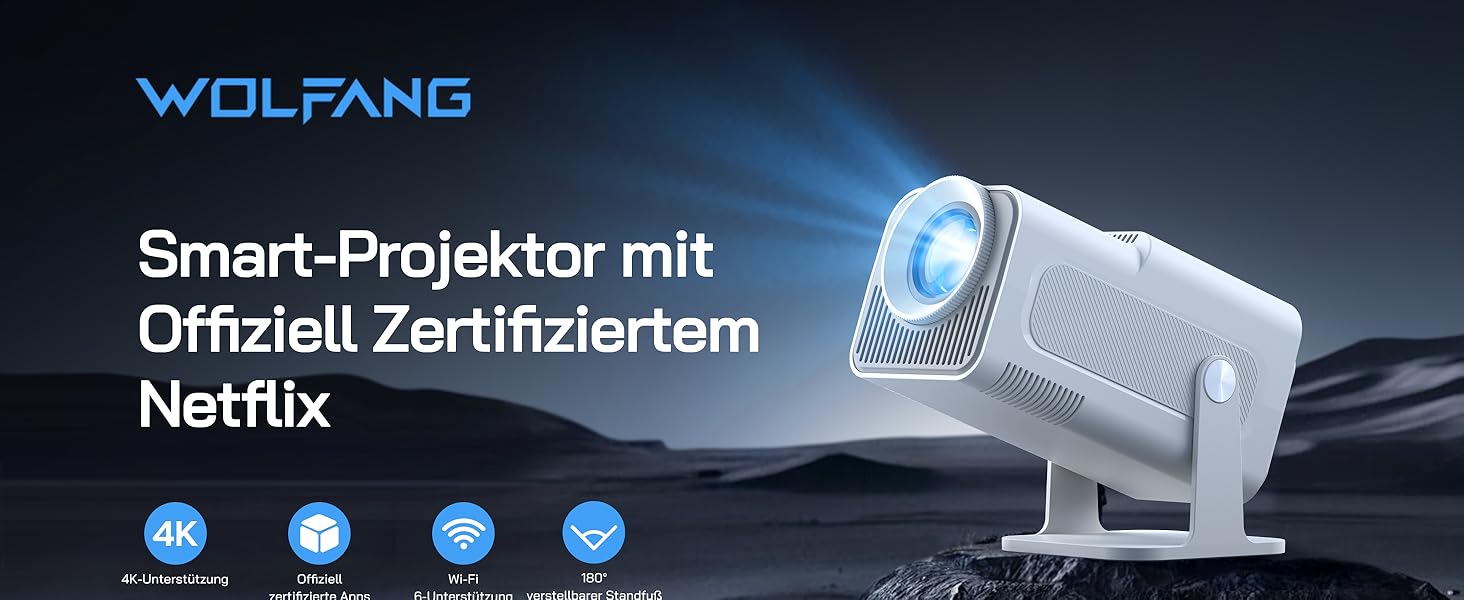 WOLFANG Міні проєктор 4K з Netflix, 26000 люмен, WiFi 6, Smart, 50% Zoom, корекція трапеції, 180° поворот, сумісний з TV Stick/iOS/Android/PC/PS5/HDMI/AV