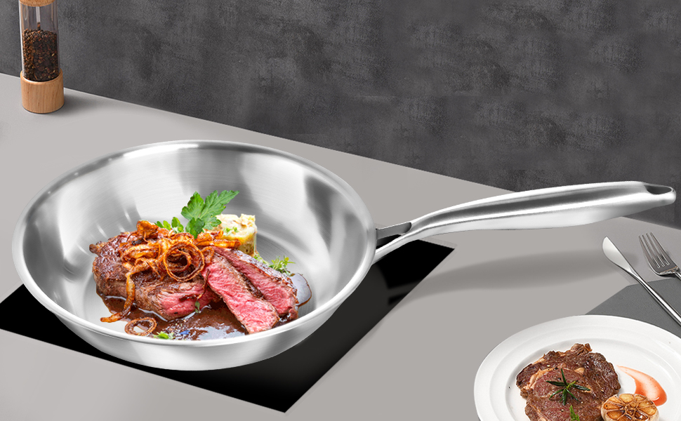 Пательня нержавіюча сталь 24 см, індукція, довговічна, з ручками з нержавіючої сталі, легке очищення, для всіх плит