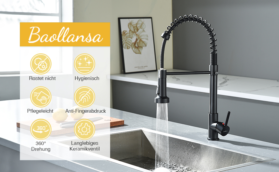 Чорний кухонний змішувач з витяжною лійкою, 360° поворот, 2 режими, нержавіюча сталь