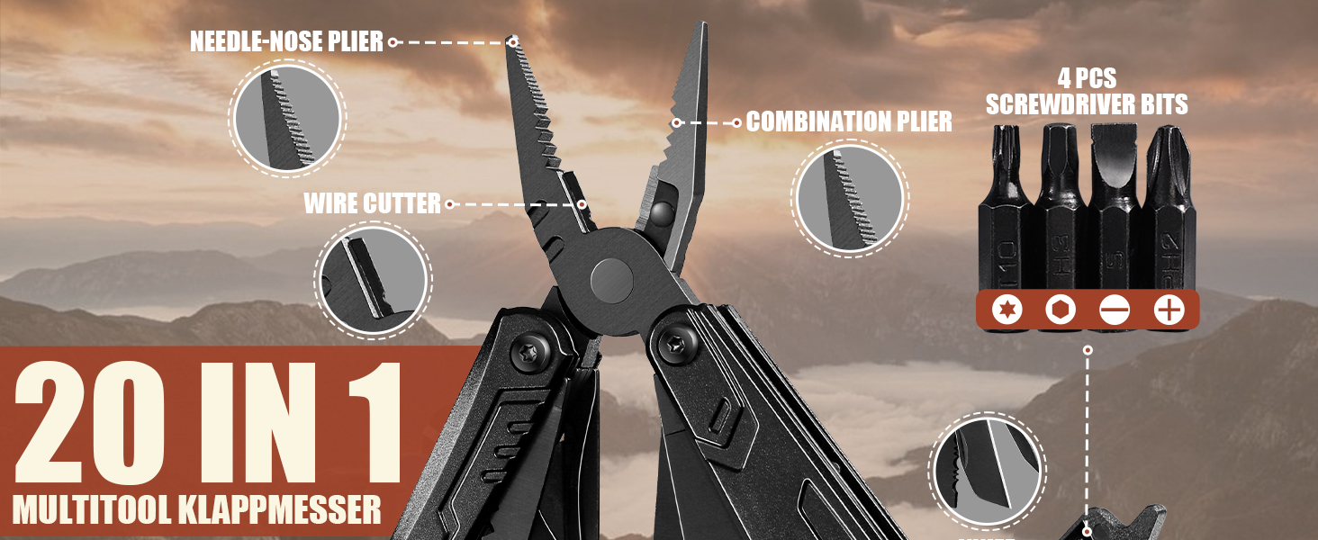 Freelander 21-in-1 Folding Multitool - Pliers with Knife, Saw, Screwdriver Bits - Camping Gear with Nylon Pouch for Outdoor Use, Men's Gift