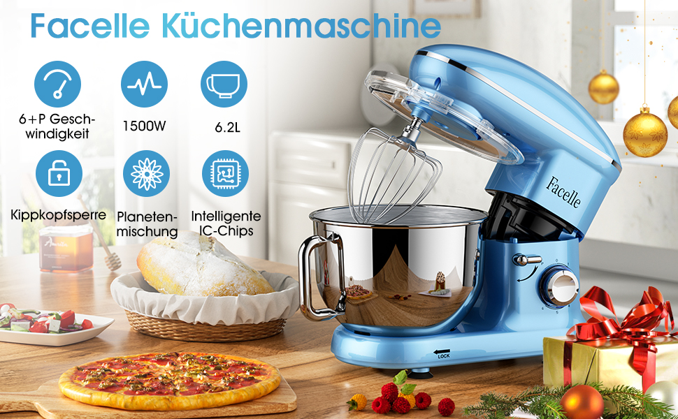 Кухонна машина Facelle 1500W з нержавіючою чашею 6.2L, 6 швидкостей, комплект насадок (міксер, гак для тіста, вінчик, сплеск-захист), блакитна