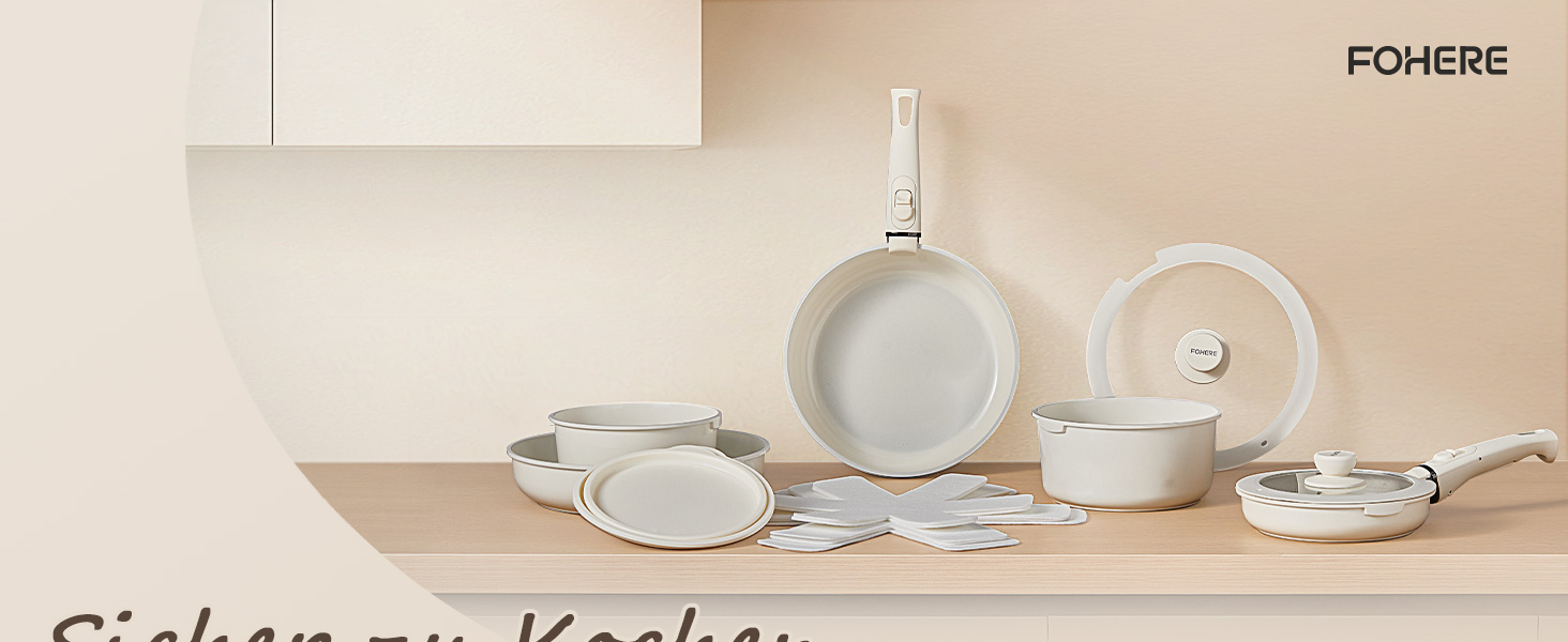 Набір посуду Fohere 16 предметів з керамічним антипригарним покриттям та знімними ручками, для індукційних плит, з кришками