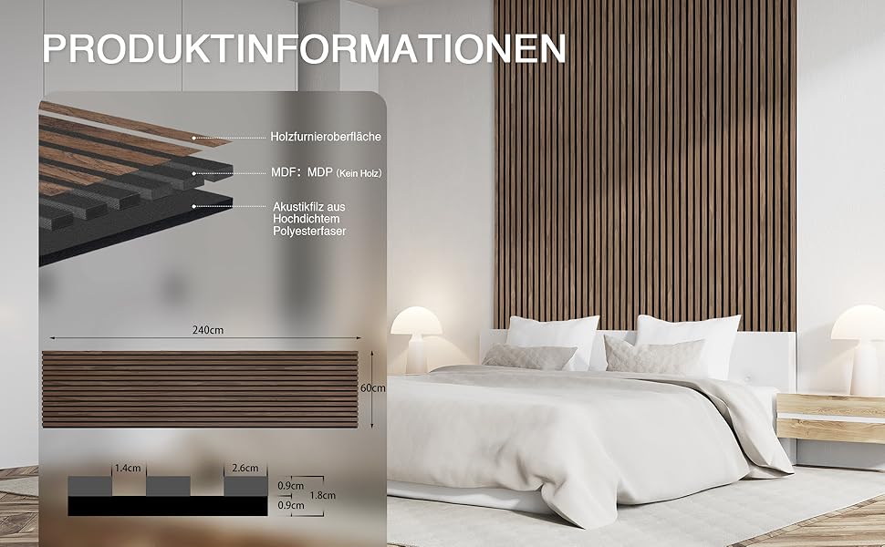 Акустична настінна панель з натурального шпона Темний дуб, 240x60x1.8 см (1.44 м²), дерев'яна панель для шумоізоляції вітальні, офісу та домашньої студії