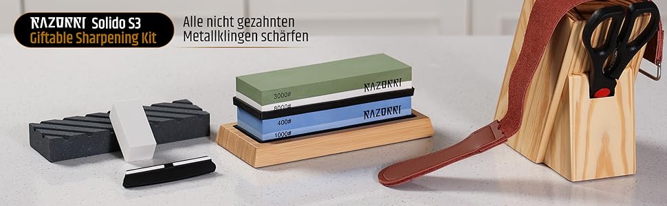 Набір алмазних точильних каменів Razorri (400/1000, 3000/8000 grit) з правильним каменем, кутовою наставкою, бамбуковою основою та шкіряним ременем для заточування та полірування металевих лез. Преміум-набір