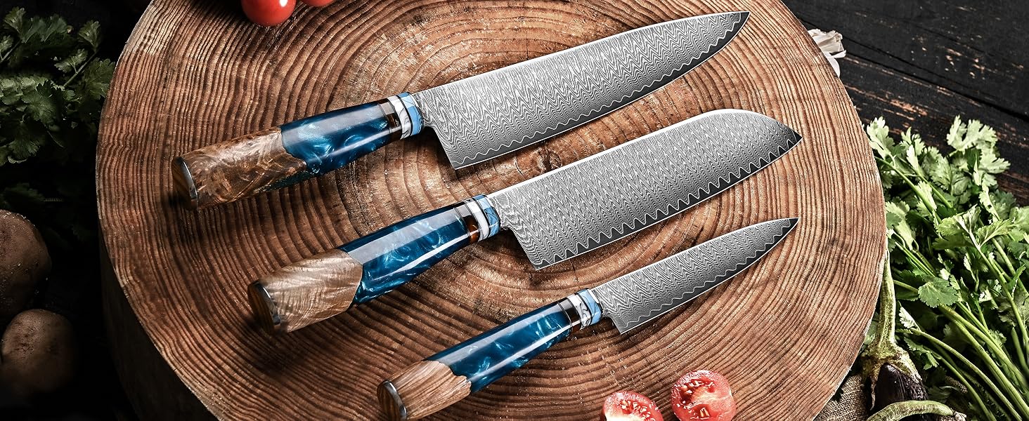 Професійний ніж для кухні oFuun, кухонний ніж з дамаської сталі, 20 см, 67 шарів, ергономічна ручка (Guyto+santoku+універсальний ніж)