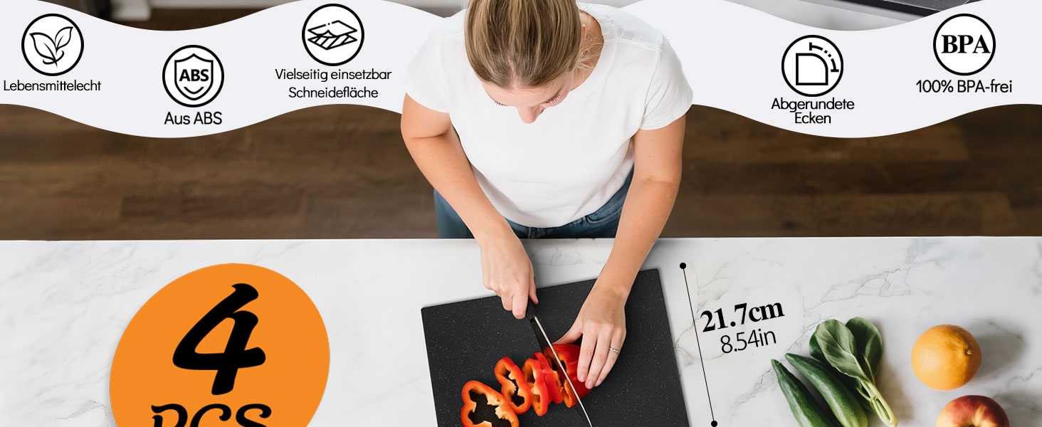 Набір обробних дощок MASTERTOP, 4 шт. з підставкою, індексовані, придатні для миття в посудомийній машині, великі кухонні дошки для риби, м'яса, овочів, фруктів