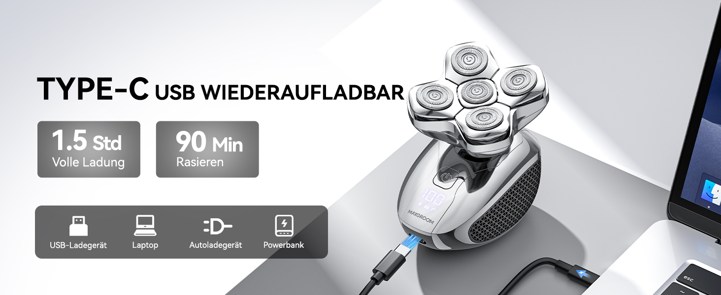 Електричний голєний апарат MAXGROOM для чоловіків, вологостійкий, для сухого та вологого гоління, 5D-головка, USB-C зарядка, LED-індикатор заряду, чорний